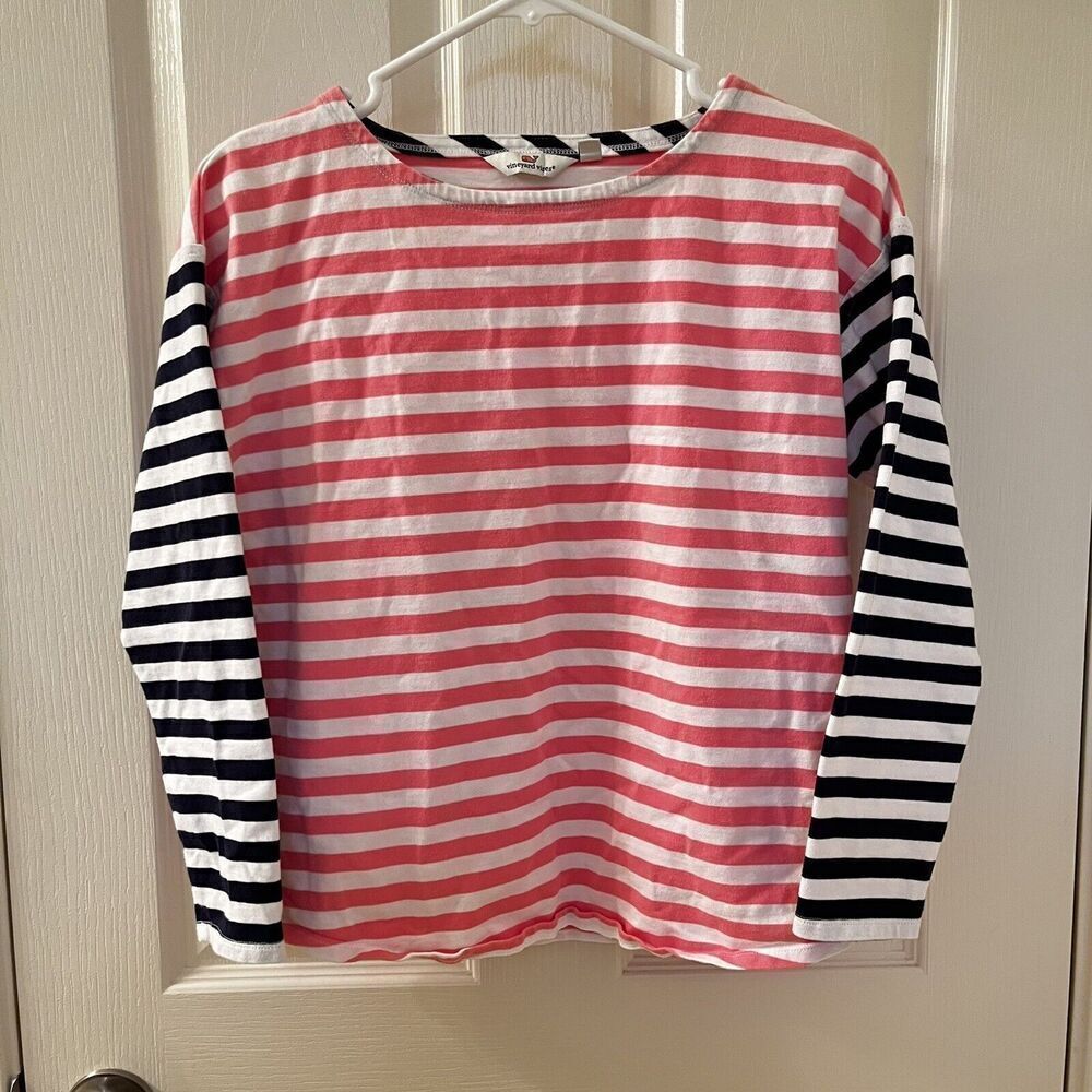 Vineyard Vines Mixed Stripe Cotton Knit Top Pink Navy Blue Women's Size XS